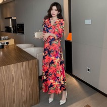 YZ 여성 빈티지 허리끈 원턱 레드 플라워 랩 원피스