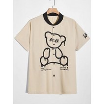 야구복반티 야구반티 반티야구복 남자 곰과 슬로건 캐주얼 사회 럭셔리 느슨한 카키 귀여운 그래픽 야구 칼라 패치 워크 셔츠