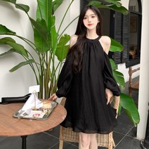 Ezgaga-우아하고 세련된 오프 숄더 배지 보우 랜턴 드레스 여성용 긴 소매 솔리드 컬러의 캐주얼 미니