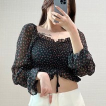 옷자락 여성 앞셔링 플라워 크롭 짧은 블라우스