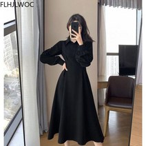 수입원피스 수입의류 디자인 한국어 스타일 여자 패션 귀여운 우아한 사무실 레이디 라인 긴 싱글 브레스트 버튼 블랙 셔츠 드레스