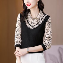 가을 긴팔 도트 패치워크 여성 패션 코디 루즈핏 배 커버 탑