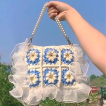 코바늘가방 모티브뜨기 바스켓백 가방뜨기 손뜨개 DIY 숄더백 에코백, 블루스카이