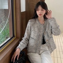 여성 트위드 자켓 향기로운 술 격자 무늬 재킷 여성용 라운드넥 긴 소매 싱글 브레스트 아우터 웨어 코트