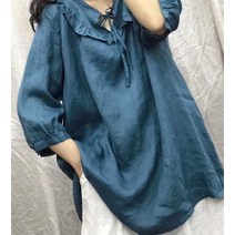여성용 리넨 셔츠 빈티지 단색 피터 팬 칼라 블라우스 귀여운 여름
