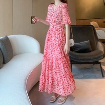 잇츠스타일 여행룩 비치룩 브이넥 랩 하트 캉캉 핑크 롱 맥시 원피스
