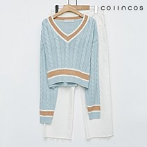 [코인코즈] 데일리 V넥 꽈배기 배색 크롭 긴팔 니트 (IY3SP1040)