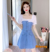 [HEIPANG]여성 블루 벌룬 데님 원피스