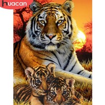 호랑이 그림 액자 풍수 세트 대형 인테리어 huacan 5d diy diamond painting tiger full squareround diamond 모자이크 동물 판매 홈, 전체 라운드 60x80cm