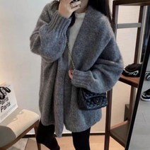 가을/겨울용 두껍고 스웨터 가디건 여성 일본 스타일 레이지 윈드 부드러운 니트 그레이 카키 루즈핏 코트