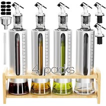 SINYWAY 오일 디스펜서 병 4팩 유리 올리브 선반 포함 502.8ml(17온스) 및 식초 세트 푸어러 깔때기 펜 태그가 있는 스테인리스 스틸 쉘로 포장
