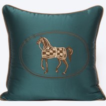 북유럽 수입 명품 인테리어 쇼파 쿠션 말 그림 H로고 오렌지 골드 프렌치 벨벳 가죽, 45X45cm 코어 포함, M005 짙은 녹색 자수 말, D