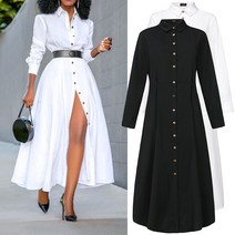 여성 우아한 긴 셔츠 드레스 긴 소매 옷깃 칼라 버튼 이브닝 파티 캐주얼 라인 맥시 드레스 롱원피스