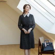 [이헌영] 카라 포인트 허리 리본 벨트 물방울무늬 정장 롱 원피스