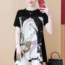 알리팡(Alipang) 봄 여름 중년 여성 의류 상의 반팔 라운드넥 라운드넥티셔츠 화사한 고급스러운 미시룩 중년티셔츠 반팔티셔츠 빅사이즈 면티셔츠 스판