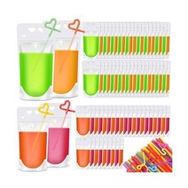 200팩 스탠드업 플라스틱 음료 파우치 일회용 빨대 200개 포함 재밀폐 가능한 휴대용 스무디 백 재사용 반투명 주스 파우치 튼튼한 투명 백 성인 생일용 502 8ml(17온스)