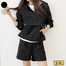 여성용 캐주얼 긴팔 반집업 후드+밴딩 반바지 아노락세트 데일리 꾸안꾸룩 /남녀공용/커플룩/커플아이템