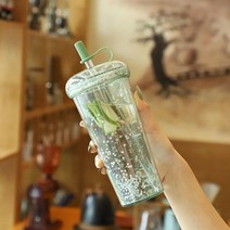 버블티컵 520ML 반짝이 물병 더블 레이어 텀블러 여자를위한 밀짚 버블 티 컵 음료 용기 누출 방지, 10 520ml green