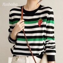 나바바 NK1625 여성 캐주얼 단가라 딸기 자수 긴팔 니트티