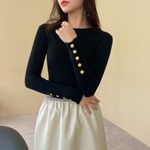 그녀희제 골드 버튼 라운드 골지 니트