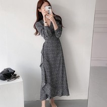 [레티고] 브이넥 프렌치 플라워 프릴 랩 원피스