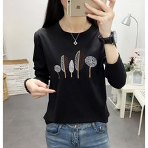 데이홀릭 여성용 봄가을 겨울 무지 라운드 스몰빅트리 자수 긴팔티