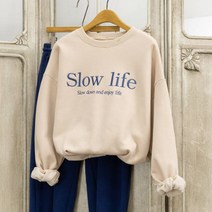 슬로우 자수 루즈핏 여성 기모 맨투맨 티셔츠 이지웨어