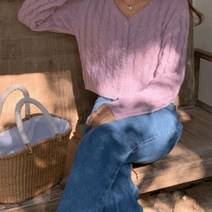 그녀의 신발 빠른배송 케이블 브이넥 울 니트 가디건 아이보리 살구 핑크 바이올렛 블루 그린