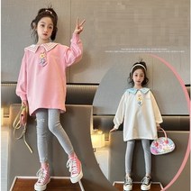 JUNIOR 마린 넥 플라워 타이 롱 티셔츠 모던 레깅스 투피스 세트 여아아이 남자아이 아동 키즈 주니어 초등학생 중학생 고학년 새학기옷 봄 옷