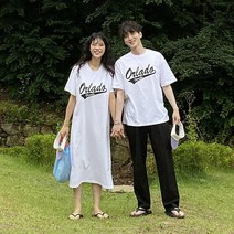 올란도 레터링 루즈핏 코튼 반팔티 롱원피스 세트 시밀러룩 데이트룩 커플룩
