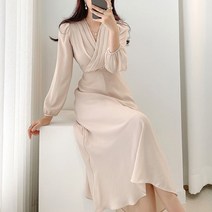 Crzen 여자 쉬폰 원피스 셔링 크로스 브이넥 미디원피스 무릎길이 23N3