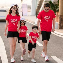 여름패션 유치원 에코 패션쇼 사랑하트 패밀리룩 여름옷 온가족 일가 세식구 네 형 언니 남동생 585140346, 130 야드, 레드 색티셔츠 블랙 바지