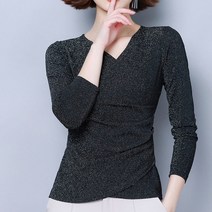 따봉오빠 여성 샤이닝 펄 브이넥 셔링 긴팔티 블랙(DB257)