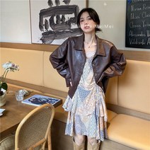 브라운 가죽 코트 빈티지 루즈핏 키 작은 재킷+빈티지한 디자인 느낌 원피스