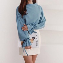 여성 봄 스트링 퍼프소매 보트넥 무지 블라우스