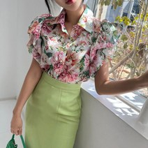 베이시코 / 셔링민소매 프릴플라워 블라우스