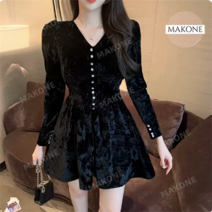 Makone 상표등록 미니보석단추 브이넥 퍼프 A라인 플레어 벨벳 미니원피스 T1235