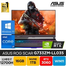 ASUS ROG SCAR G733ZM-LL035 12세대 i7-12700H RTX3060 17인치 고사양 고성능 배그 노트북, ROG SCAR G17, WIN11 Home, 16GB, 1TB, 코어i7, 블랙