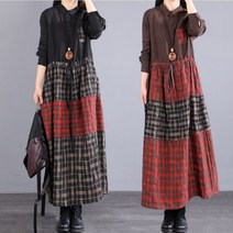여자 체크 린넨 코튼 원피스 봄여름 면마 롱 스커트 lksyaor5, 블랙