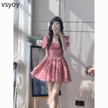VSYOY 2023 여름 새로운 스타일 우아한 타이트 허리 부드러운 스타일 드레스 달콤한 공주 슬림 핏 푹신한 짧은 드레스
