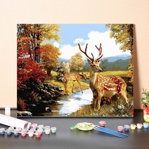 urkoteer DIY 명화 그리기 세트 40 x 50 cm 액자형 유화 붓 2세트 증정, 사슴-01