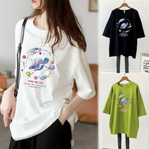 [3장] 스타일아유 우주 테마 레터링 오버핏 반팔티 여성 롱 빅사이즈 박시 반팔 티셔츠
