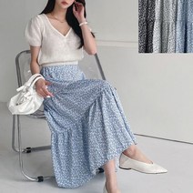 [프롬제니] 피론 3단 캉캉 플라워 나염 밴딩 롱 스커트 티어드 여름 치마 A라인 미디 프린트 플로랄 잔꽃 봄 화사한 로맨틱 러블리 밴드 꽃무늬