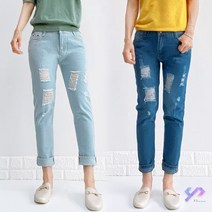 와이제이 국내 당일 발송 워싱 데님 9부청바지 2컬러 일자청바지 찢청 롤업청바지 YJK257