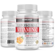 리포솜 비타민 c - 2100mg 180 베지 캡슐 빠른 흡수 지용성 항산화 면역 지원 - 비 gmo(120180일분 알약) 필수 건강 보조 식품(2팩) herbshop, 180카운트(2개 팩)