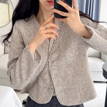 파즈마 봄 가을 여성 간절기 노카라 브이넥 싱글 트위드 자켓