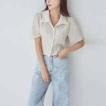 리틀마켓 어깨퍼프 크롭 링클 반팔 카라 블라우스 BG14B2