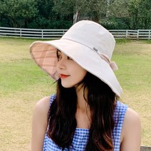 리본장식 체크벙거지모자