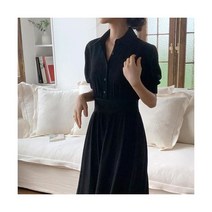 세련된 한국 기질 레이디 롱 맥시 싱글 브레스트 버튼 셔츠 드레스 여성용 단색 블랙 2021 봄 가을