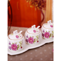 예쁜 양념통 세트 꽃무늬 도자기 조미료통 3구 카페파우더통 주방 정리 양념병 스푼내장, D, 1개